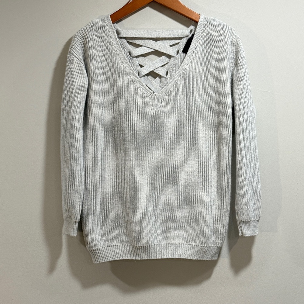 Fate by LFD Women's V-Neck Sweater with Tie Lace Up Back in Light Gray Size M